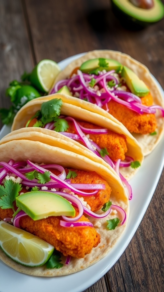 Crispy fish tacos with cabbage, avocado, and cilantro on warm tortillas, served with lime wedges.